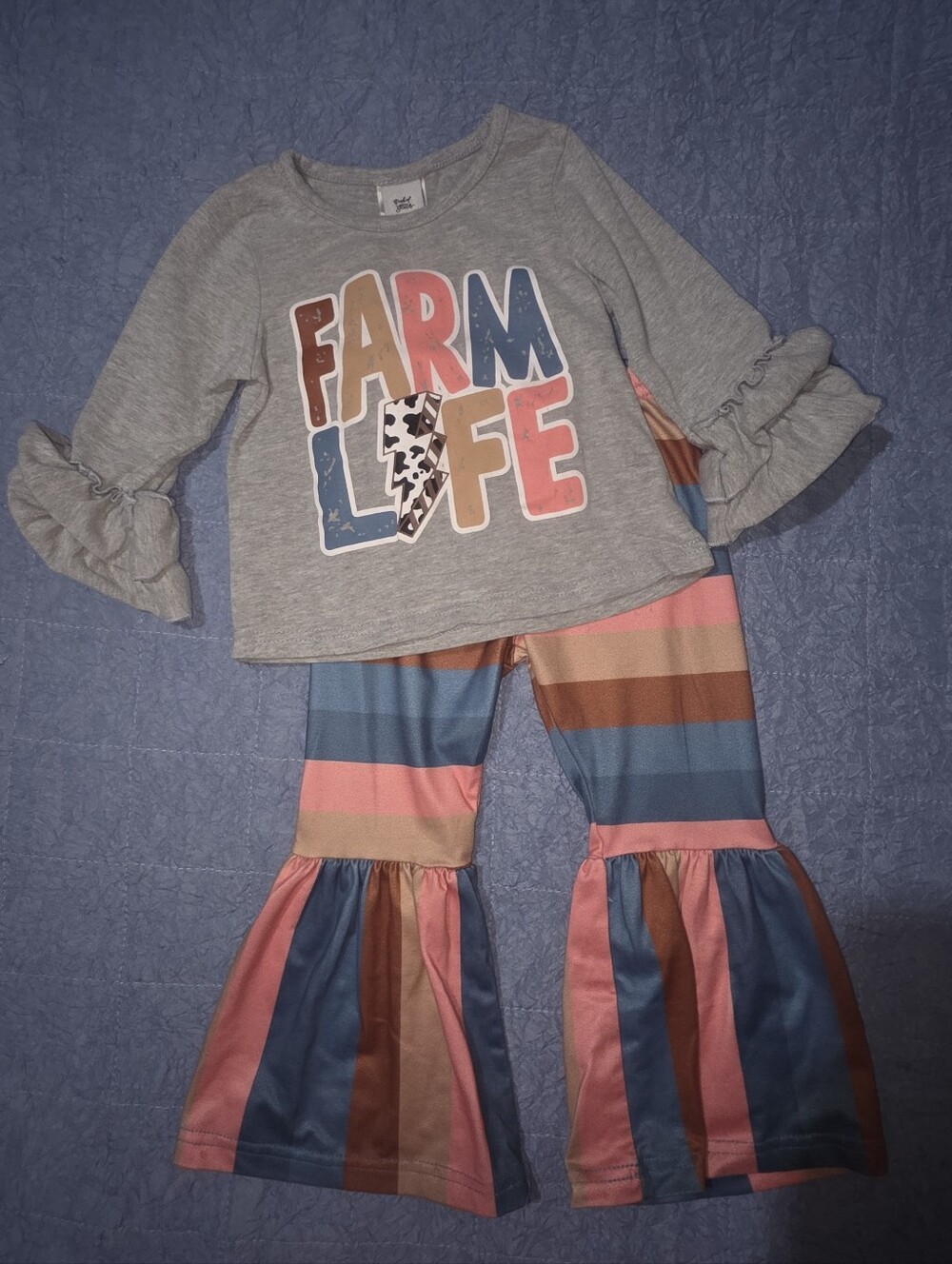 Farm Life Ruffle Sleeve Top & Striped Bell Bottoms - Gray with Pink, Blue, Brown